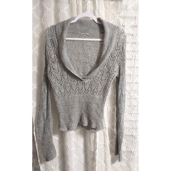 Sweaters - Silver Metallic Open Knit Shawl Collar Sweater Long Sleeve Glitter Top Gray